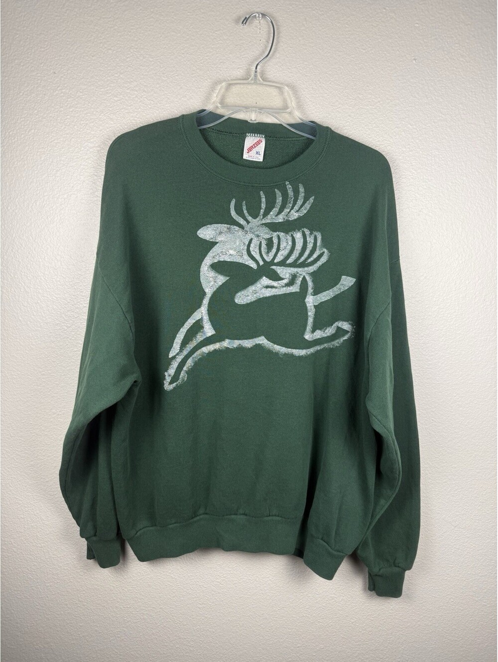 Vintage Jerzees Sweatshirt XL USA Green Reindeer Deer Graphic 90s Christmas